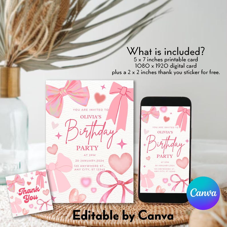 May include: Printable and digital birthday invitation card template featuring a pink and white design with bows, hearts, and stars. The text "You are invited to Olivia's Birthday Party" is included. The card is editable in Canva.