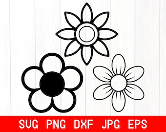 May include: Three black and white outline flower shapes. The flowers have six petals and a circle in the center.