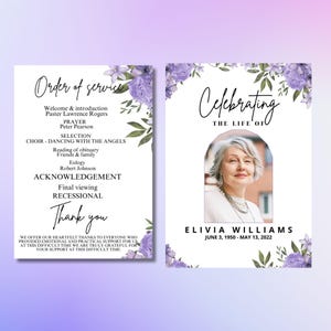 May include: A purple floral funeral program with a photo of a woman and the text "Celebrating the Life of Elivia Williams June 3, 1950 - May 13, 2022".