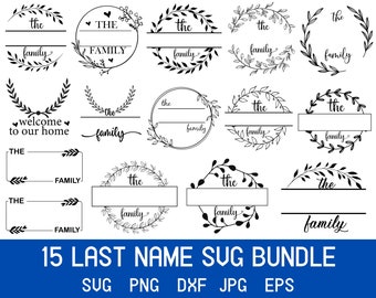 Nom de famille monogramme SVG Bundle : motifs de couronnes de fleurs (téléchargement numérique)
