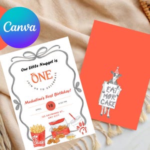 May include: A birthday invitation with the text "Our Little Nugget is ONE" and "Medaline's First Birthday!" features illustrations of fries, chicken nuggets, and a drink. A separate card shows a cow holding a sign that says "EAT MOR CAKE."