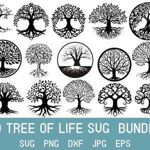 Puede incluir: Un conjunto de 20 diseños SVG de árbol de la vida en blanco y negro. Los diseños presentan varios estilos de árboles con raíces y ramas intrincadas. El texto "20 TREE OF LIFE SVG BUNDLE" está en la parte inferior de la imagen. El texto "SVG PNG DXF JPG EPS" está debajo del texto "20 TREE OF LIFE SVG BUNDLE".