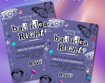 Editable Olivia Birthday Party Invitation - Bad Idea Inspired Theme, Teen Sour Music Party Invite, Olivia Party Decorations, Digital File