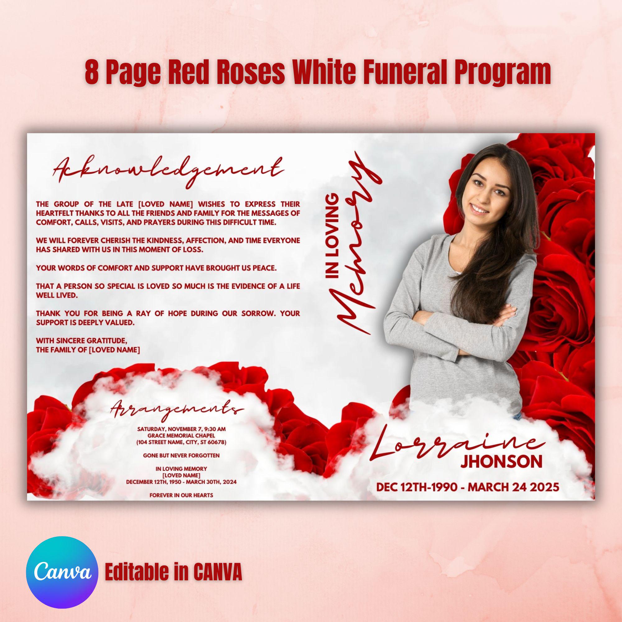 Red Roses Funeral Program Template: Minimalist Memorial (digital ...