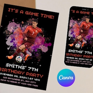 Convite de aniversário do Cristiano Ronaldo | Convite de aniversário do CR7 | Modelo editável do Canva | Download digital, modelo instantâneo
