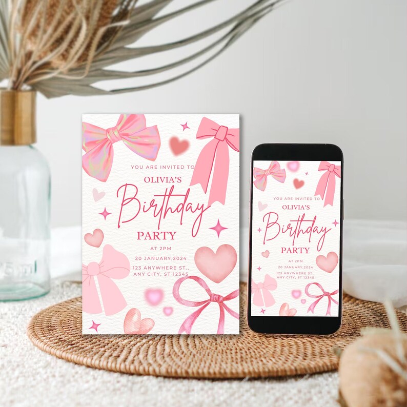 May include: Pink birthday party invitation with bows, hearts, and stars. The invitation says "You are invited to Olivia's Birthday Party at 2PM, 20 January 2024, 123 Anywhere St., Any City, ST 12345."