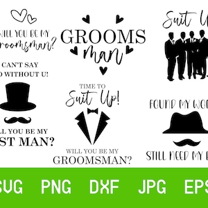 K&ouml;nnte beinhalten: Ein Satz druckbarer Designs zum Thema Hochzeit mit dem Text "Will you be my groomsman?", "Suit Up!" und "Found my woman, still need my boys!" mit Illustrationen eines Smokings, eines Zylinders und einer Gruppe von M&auml;nnern im Anzug.