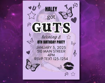 Olivia Rodrigo Birthday Invitation: SOUR & GUTS Theme (Canva Template)