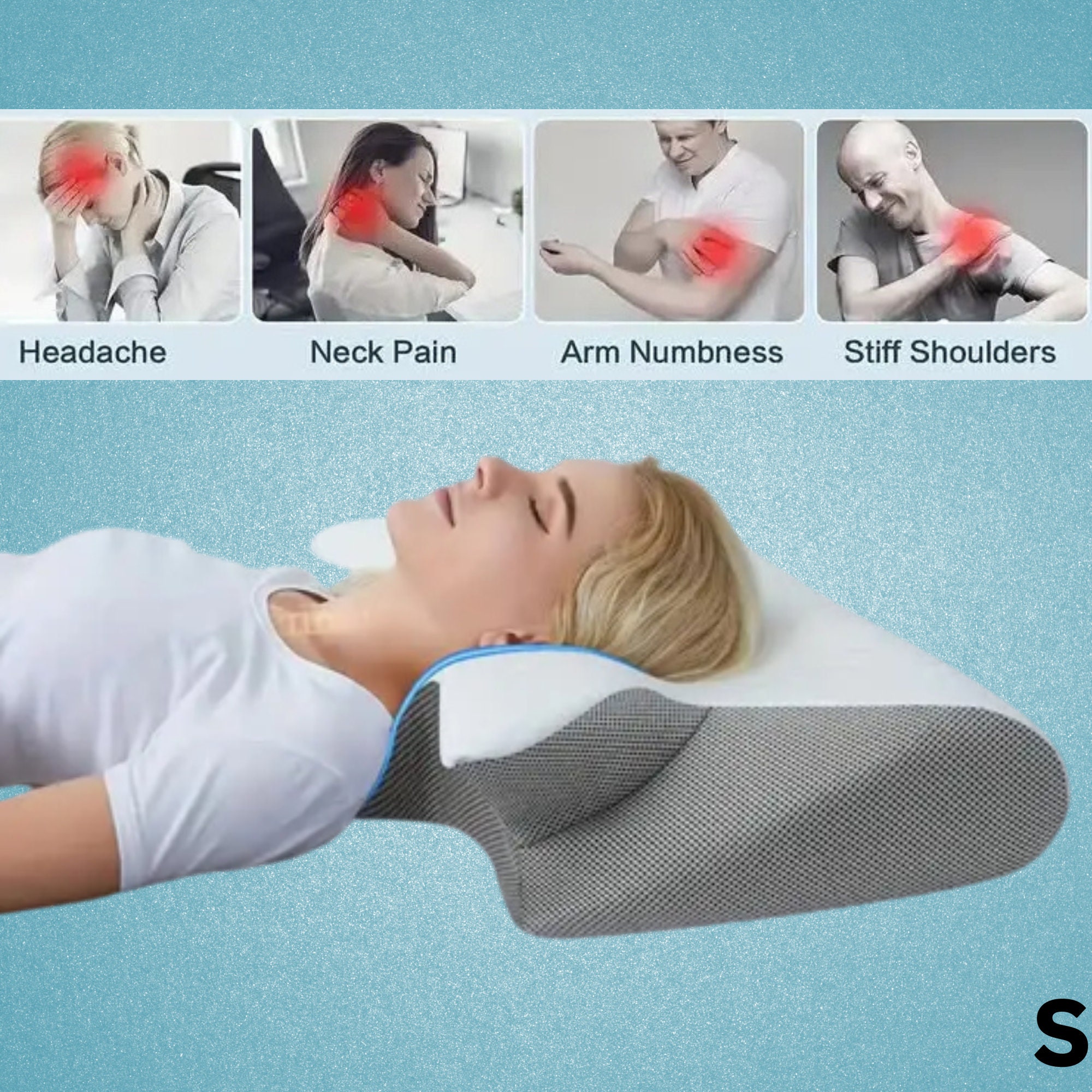 Award-winning Chiropractic Pillow With Strong Side & Back Support, S M L  Blue, Neck Pain Relief Cervical Cushion, Car Bus Airplane Recliner 