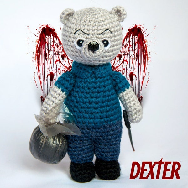 Dexter Knitted bear Dexter Morgan Brown toy bear Knitted teddy bear Toy bear Crochet bear Knitted teddy Knitted Toy serial bow killer police