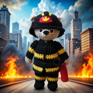 Handmade Crocheted Firefighter Bear: Acrylic Yarn Plush Toy (5&#39;&#39;)