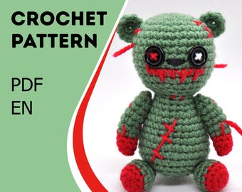Zombie Teddy Bear Crochet Pattern PDF: Amigurumi Undead Bear