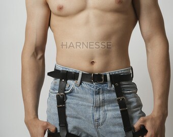 Herenstrik, broekriem en chokerriem, leren beenharnas heren, chokeraccessoire, strakke bretels beenriem, dijharnas, vriendje