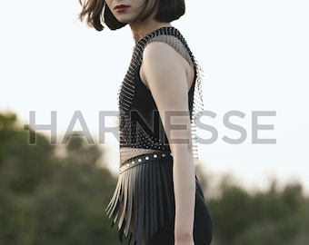Black Leather Fringe Skirt Harness: Festival Tasseled Belt
