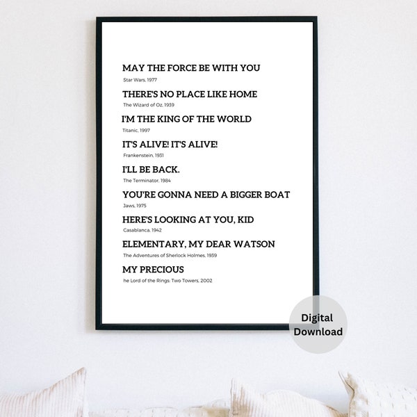 Famous Movie Quotes Poster, wall art print, wall décor, printable wall art, Gift Idea, Film Quote Poster, Movie Quotes Sign, black and white