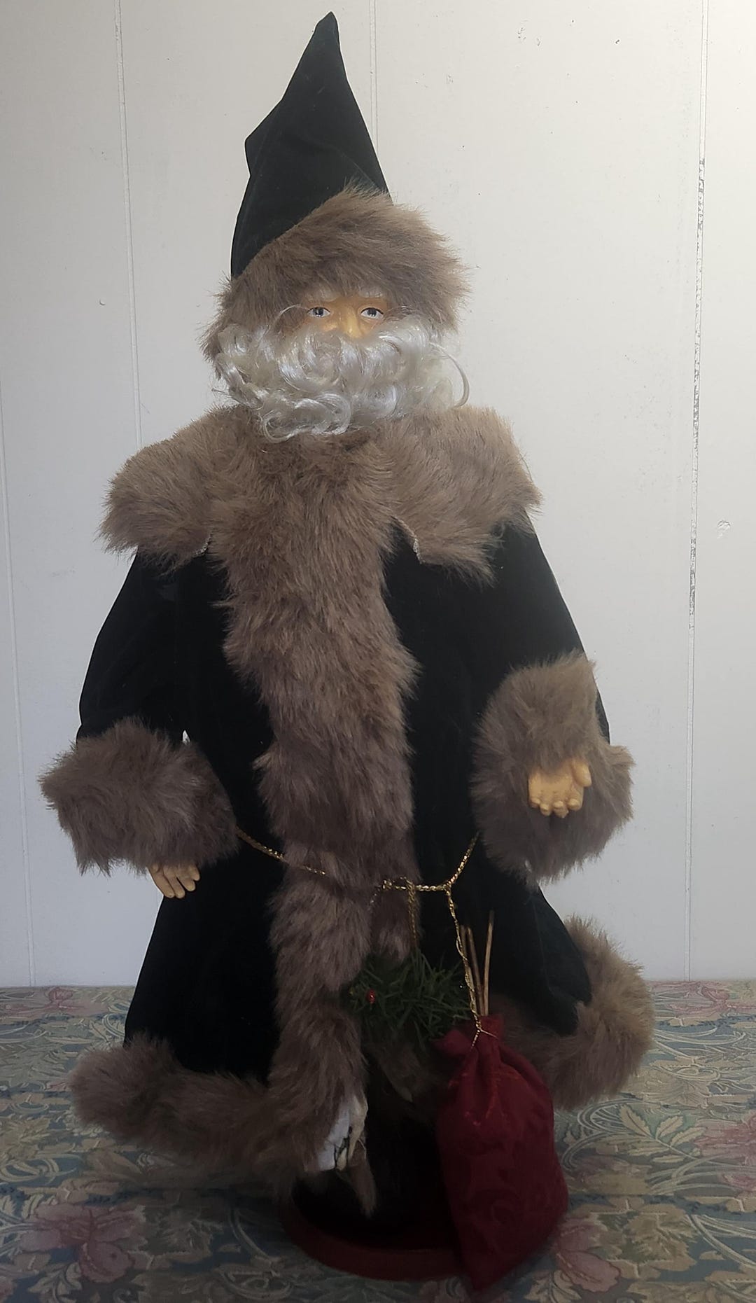 Vintage Old World Santa Claus Figurine, 24" Tall Green Robe Christmas ...