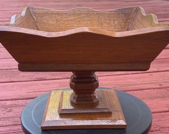 Vintage Walnut Wood Pedestal Bowl – Square Serving Bowl with Thick Base, 10.5”