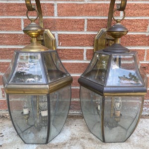 Vintage Brass Outdoor Wall Lantern Sconces – Beveled Glass Porch Lights – Large 24” Scroll Arm Pair – Mid Century Exterior Lighting