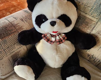 Vintage Cuddle Wit Panda Plush – 16” Tall – Soft Black & White Bear with Plaid Bow | Nursery Decor  Collectible Toy