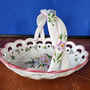 Vintage Hand-Painted RCCL Pottery Basket – Portugal Floral Reticulated Ceramic with Braided Handle