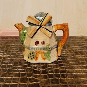 Vintage Japanese Hand-Painted Ceramic Teapot – Windmill Cottage Design – Made in Japan