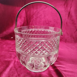 Vintage 1950s Diamond Cut Glass Ice Bucket with Metal Handle – Elegant Barware Collectible