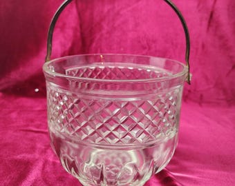 Vintage 1950s Diamond Cut Glass Ice Bucket with Metal Handle – Elegant Barware Collectible
