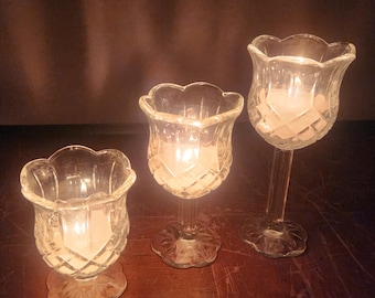 Vintage Home Interiors Crystal Tulip Votive Candle Holders Set of 3, Tiered Scalloped Glass, Diamond Cut, Home Interiors Decor