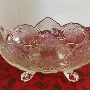 Vintage Jeanette Lombardi Scroll Footed Oval Glass Bowl – Pressed Leaf Pattern