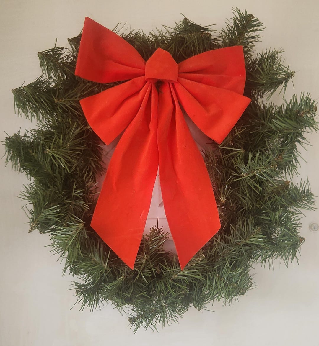 17" Vintage Christmas Wreath – Faux Pine Greenery With Red Bow - Etsy
