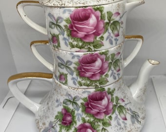 Vintage Lefton 4-Piece Tea Set – Fine Porcelain Pink Rose Design, Teapot, Creamer & Sugar Bowl, Model 985