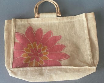 Natural Jute Burlap Mesh Tote Bag with Bamboo Handles – Pink Floral Print – 15.5” x 11” x 5”