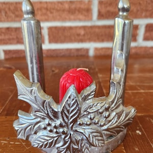 Vintage Zinc Alloy Christmas Candle Holder with Holly Leaf Design – 6.5" Tall