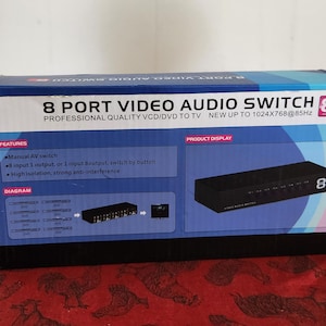 May include: An 8-port video audio switch box with the text "8 PORT VIDEO AUDIO SWITCH" and "PROFESSIONAL QUALITY VCD/DVD TO TV". The box is black, blue, and white, with a product display image of the switch.