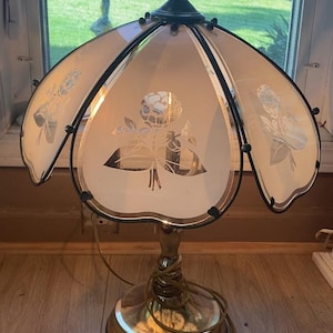 Vintage Brass Touch Lamp with Rose Glass Shade – 3-Way Light, Petunia Detail, 21.5” Tall