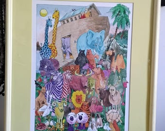 May include: A framed watercolor print depicting Noah's Ark with a variety of animals, including giraffes, zebras, elephants, and bears. The artwork features vibrant colors and a whimsical style, with the ark and animals prominently displayed. The print is signed by the artist.