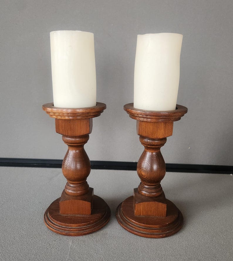 Vintage Turned Wood Candle Holders Set of 2 | 9 Inch Wooden ...