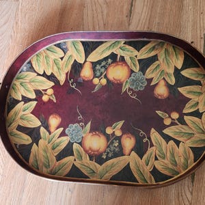 Vintage 21.5”L Handpainted Metal Tray with Two Handles and Four Feet - Apple, Pear, and Grape pattern