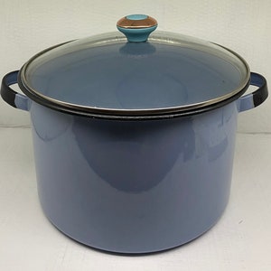 May include: A light blue enamel pot with a black rim and a glass lid. The lid has a blue and copper knob.