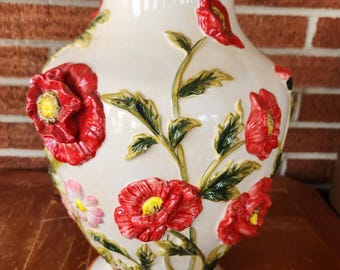 Vintage Signature Home Porcelain Vase with 3D Red Poppies & Daisies – Hand-Painted Floral Decor, 16” Tall, Rare Collectible