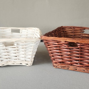 Set of 2 Vintage Square Woven Baskets – Amish Handmade – White & Rustic Brown – 10” Storage Bins – Farmhouse Shelf Decor