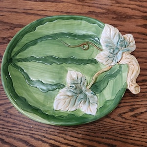Vintage Handpainted Porcelain Watermelon Serving Platter – 11” x 9.75” Ceramic Plate with Raised Leaf & Vine Details