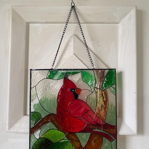 Vintage Stained Glass Cardinal Panel | 7.75” x 7.75” | Textured Glass Hanging Window Art