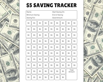 Seguimiento del reto de ahorro con billetes de 5 dólares: Hoja de trabajo imprimible (descarga digital en PDF)