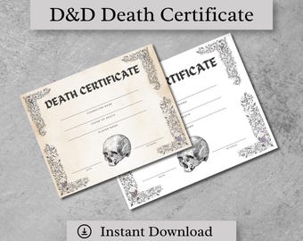 Certificado de defunción de D&D / Accesorios de Dungeons and Dragons / D&D 5e / PDF imprimible de rol de D&D