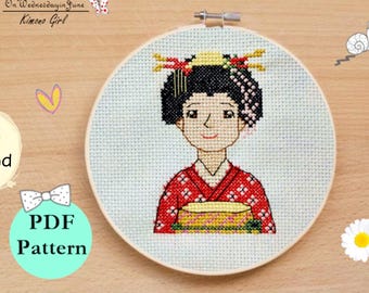 Schema per punto croce di una ragazza in kimono in formato PDF / Schema per ricamo di una geisha giapponese (download immediato)
