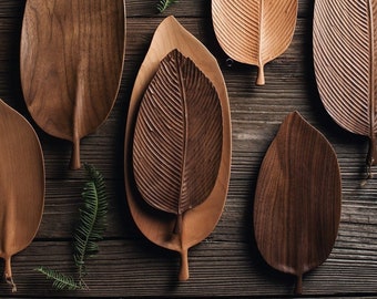 Japanese Style Walnut Wood Leaf Tray, creative handmade leaf pastry plate, wooden tea tableware