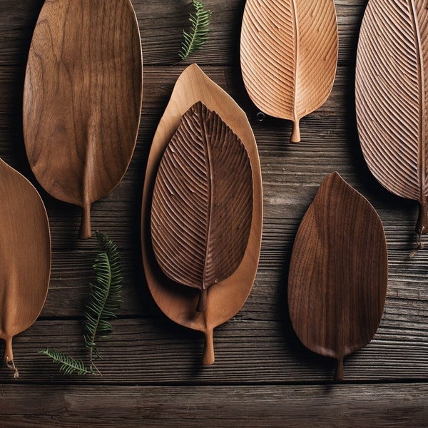 Japanese Style Walnut Wood Leaf Tray, creative handmade leaf pastry plate, wooden tea tableware