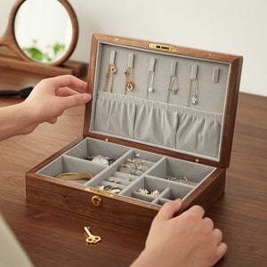 Walnut Wooden Jewelry Box with Lock, Jewelry Organizer, Simple Jewelry Box, Large Earring Bracelet Necklace Organizer Storage