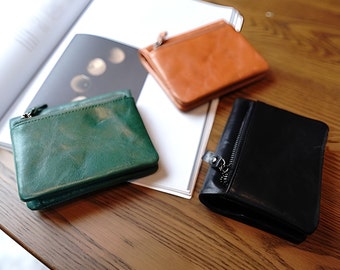 Handmade Top Grain Leather Wallet, Simple Retro Slim Compact Wallet Card Holder, Lightweight Wallet